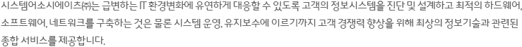 시스템어소시에이츠㈜는 급변하는 IT 환경변화에 유연하게 대응할 수 있도록 고객의 정보시스템을 진단 및 설계하고 최적의 하드웨어, 소프트웨어, 네트워크를 구축하는 것은 물론 시스템 운영, 유지보수에 이르기까지 고객 경쟁력 향상을 위해 최상의 정보기술과 관련된 종합 서비스를 제공합니다.